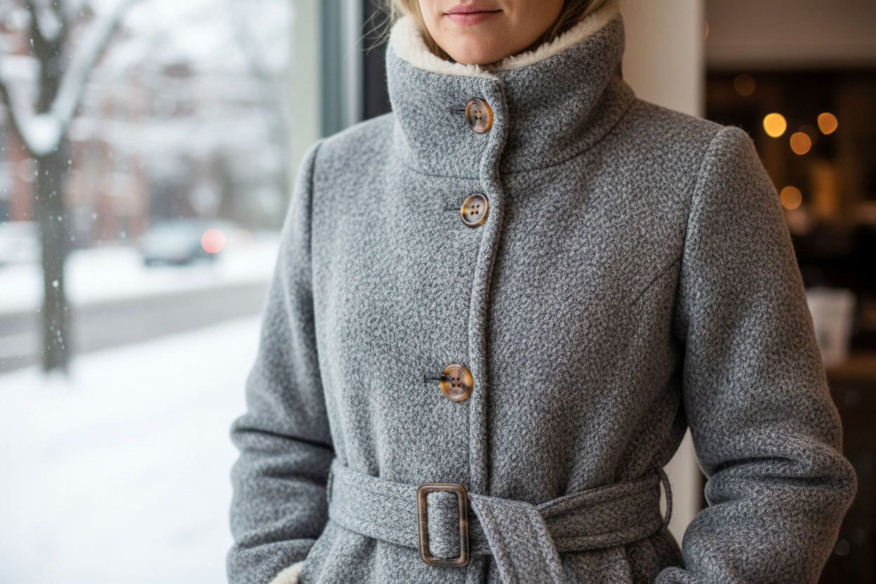 mulher a usar um casaco comprido de inverno, com um close up no casaco