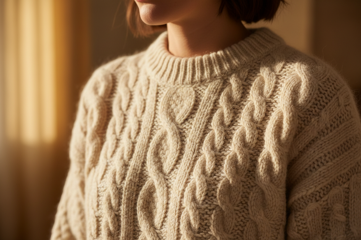 mulher a usar uma camisola de malha, com um close up na camisola de malha